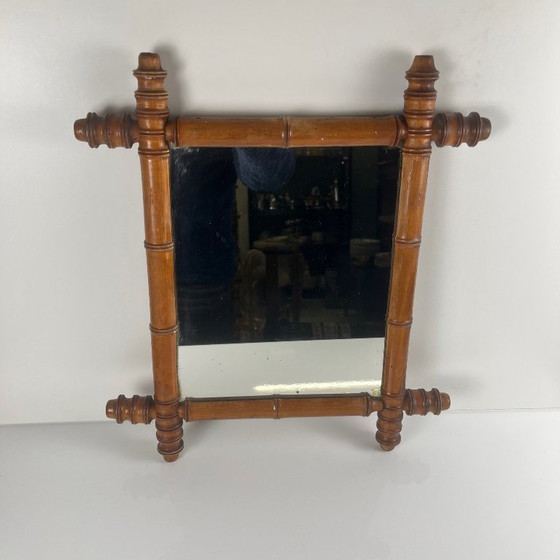 Image 1 of Espejo de madera torneada estilo bambú, circa 1900-1930