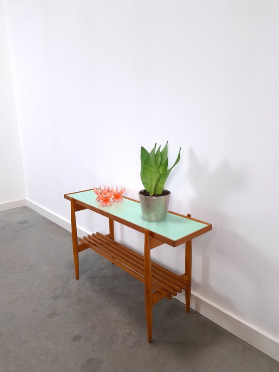 Table d'appoint vintage en bois avec plateau en Formica vert menthe – Tables d'appoint, Wood, Plastic (photo 5 of 13)