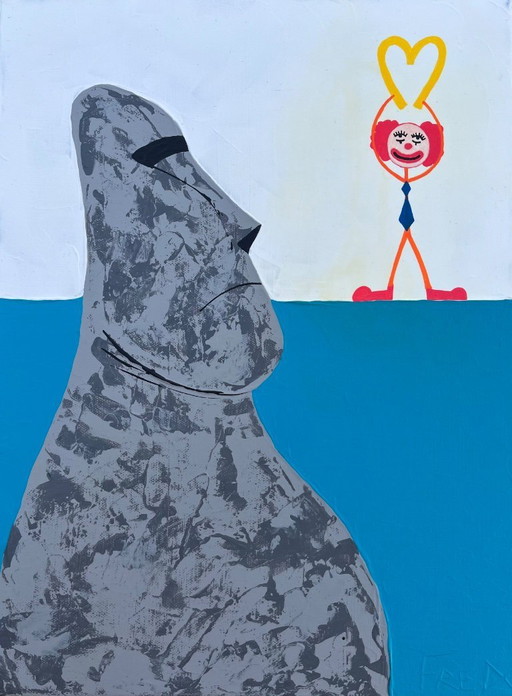 Acryl op canvas "Mac Moai" Formaat 40x30cm.