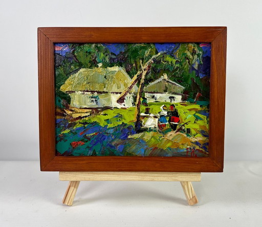 Original Oil Painting Summer Village Landscape Conversation in the embrace of silence