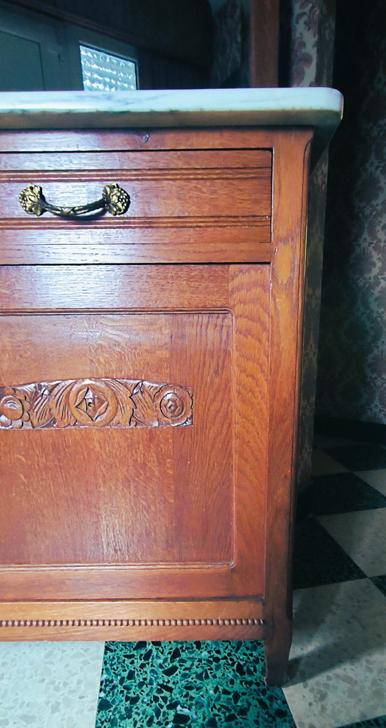 Image 1 of Vintage eiken spiegelkast met marmeren blad
