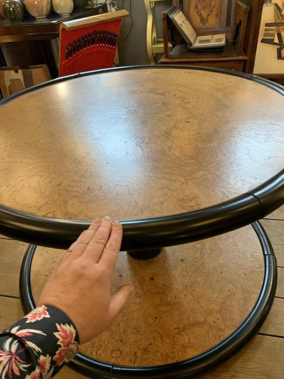 Table basse ronde tournante Art Déco en loupe d'érable et ébène attribuée à De Coene Freres, 1925 (photo 16 of 18)