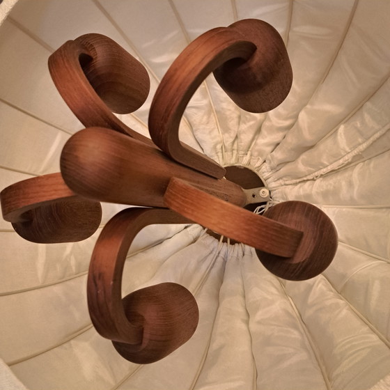 DOMUS 1970s Teak 5-Arm Pendant Lamp – Original Fabric Shade – Mid Century, Very Good Condition (photo 11 of 12)