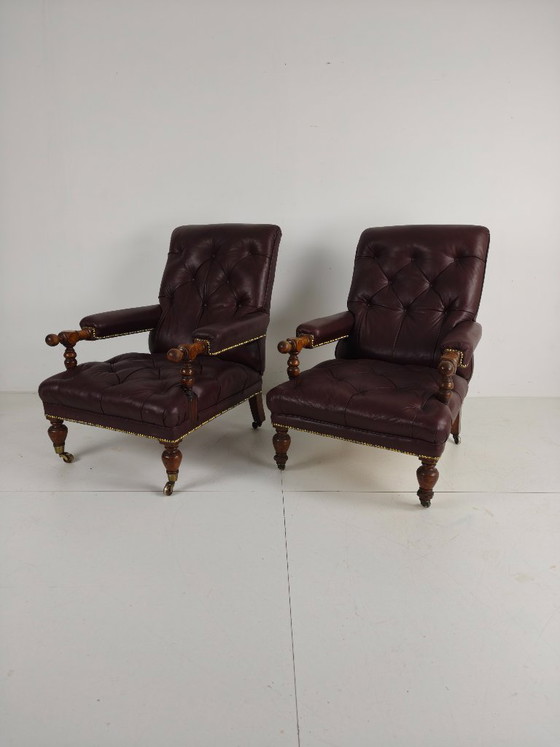 Pair of Antique Library Chairs - Original William Morris & Co Edinburgh Stamped Armchairs – Leather (photo 16 of 18)