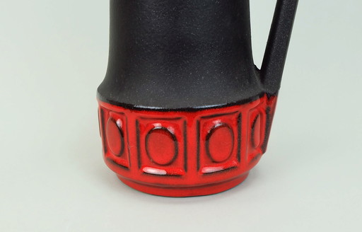 1960s 70s Vintage Scheurich Vase Model 411-25 Matte Brown Glaze Red Geometric Pattern