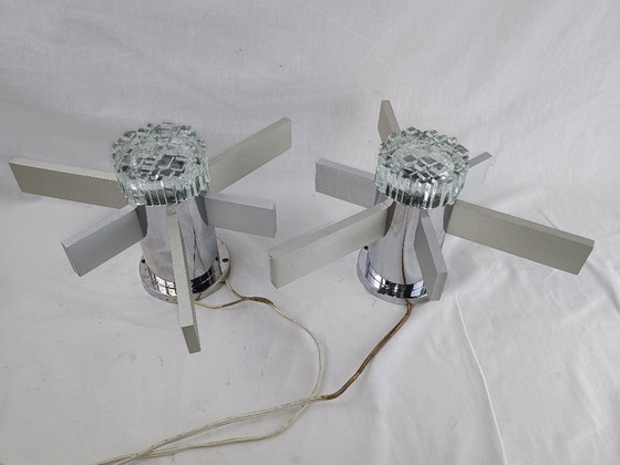 Image 1 of Pair Mid Century Italian Chrome & Glass Wall Sconces 1960s Space Age Sciolari