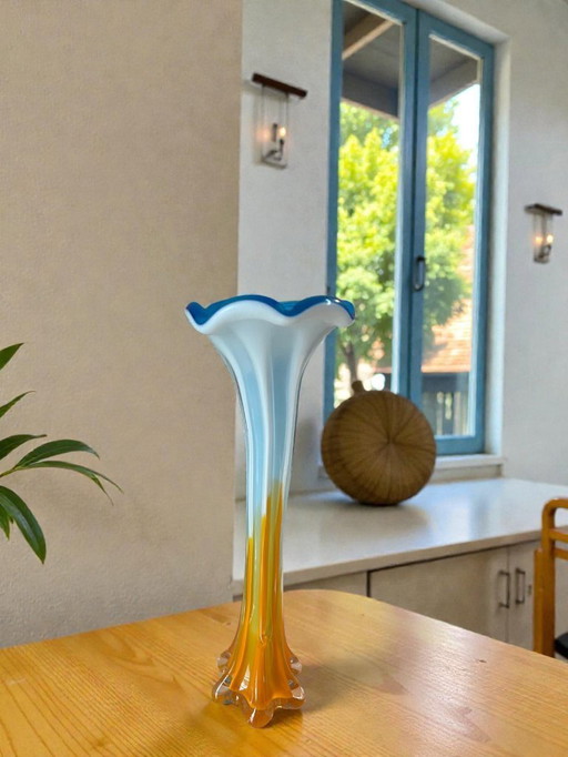 Vintage Italian Art Glass Vase – Empoli Style Opaline Blue & Amber (Mid-Century)