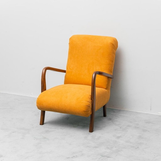 Vintage-Sessel aus skandinavischem Stil, orangefarbener Stoff und Holz, 60er Jahre, moderne Antiquitäten