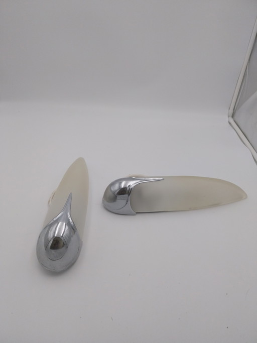 1 x lot de 2 appliques murales Idearte espagna en verre dépoli, style Art déco, avec fixation chromée, années 1980, 35 cm de hau