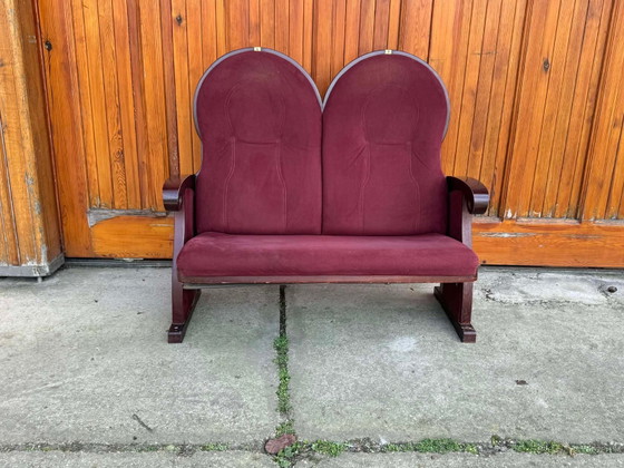 Vintage Art Deco Loveseat with Burgundy Upholstery, 1970 – Wood (photo 4 of 5)