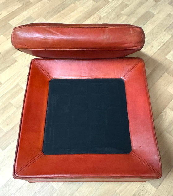 Image 1 of Brocantique Jacques Adnet Art Deco Set: Leren bank, fauteuil en poef