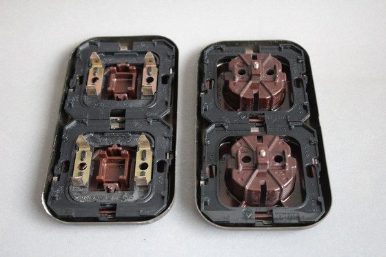 Image 1 of Large collection of vintage brown sockets and light switches with antique gold frames, 1960s/70s