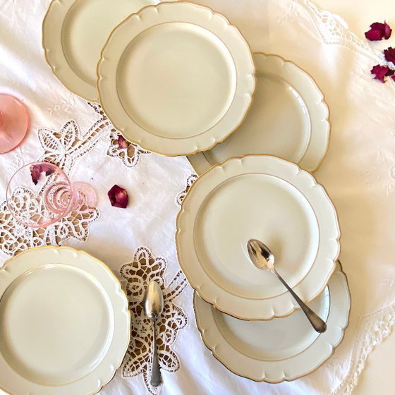Image 1 of Set of 6 antique off-white porcelain dessert plates with gold trim, Limoges ULIM