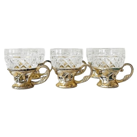 Image 1 of Vintage set of glass coffee cups in gold plastic holder 1970s