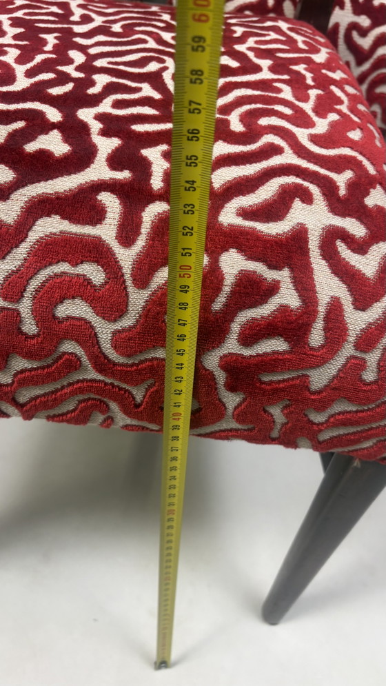 6 sedie da pranzo vintage Gordon Russell in legno con seduta stampata W.H. Curly Coral. – Velvet, Wood (photo 13 of 15)