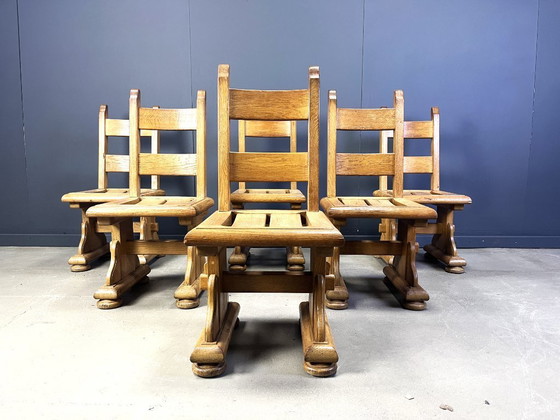 Image 1 of Esstischstühle aus massiver Eiche im Brutalismus, 1960er Jahre