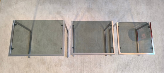Image 1 of 😍✨ Set of 3 vintage chrome and smoked glass nesting tables, Roche Bobois / Guy Lefèvre style – 1970s ✨😍