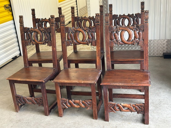 6 Alsatian carved and openwork wooden chairs - 19th century, Dining chairs, Brown (photo 8 of 15)