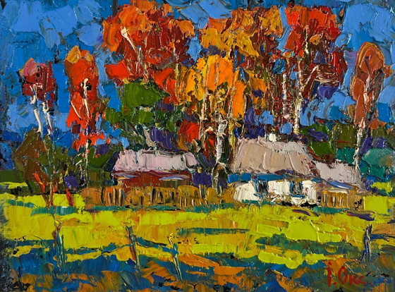 Image 1 of Original Oil Painting Autumn Village Landscape The gold of an October day