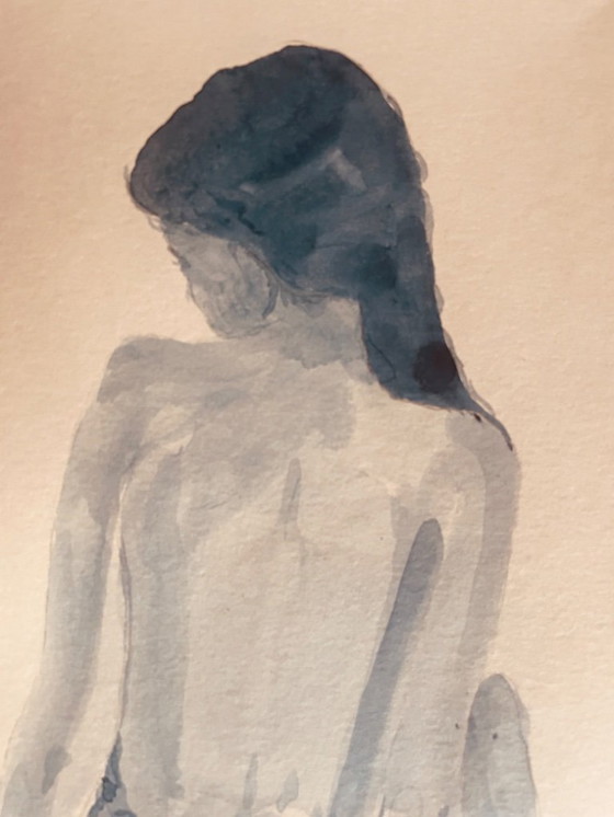 Image 1 of Indigo blue watercolor painting of a woman from behind, wearing a fouta towel, in a hammam.