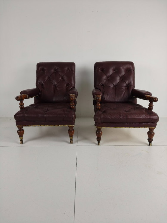 Pair of Antique Library Chairs - Original William Morris & Co Edinburgh Stamped Armchairs – Leather (photo 4 of 18)