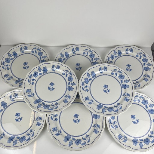 Set aus 8 Nuova Fontebasso Speisetellern, blaues Blumenmuster und Wellenrand, Italien, 20. Jh.