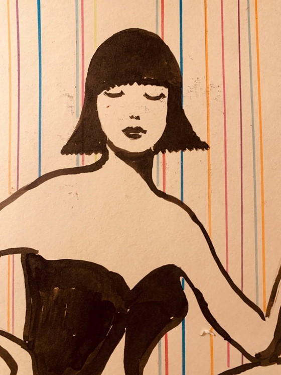 Image 1 of Inkttekening getekend voor een modeprint uit de jaren 70