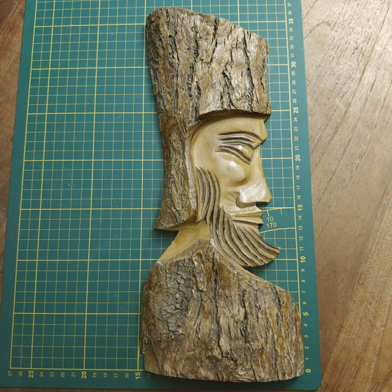 Unieke vintage handgesneden houten wandsculptuur – Rustiek volkskunstgezicht – Beeldhouwkunst, Wood (photo 5 of 6)