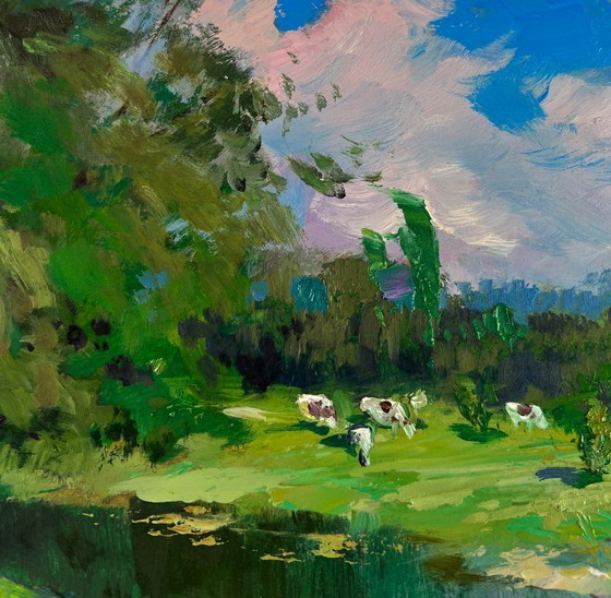 Image 1 of Original Oil Painting Summer River Landscape A girl washes herself at a pond