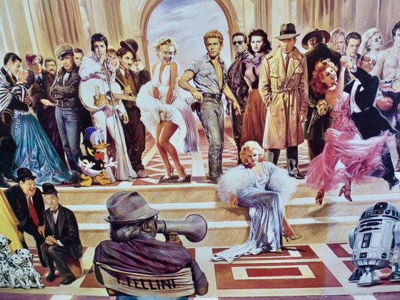 Image 1 of Een kunstreproductie van het schilderij "100 Years of Film” van kunstenaar Renato Casaro.