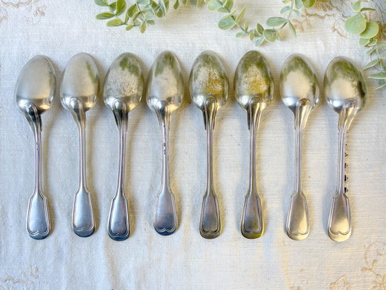 Lot de 8 cuillères de table vintage en métal argenté – Accessoires de table (photo 9 of 13)