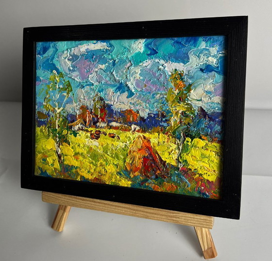 Image 1 of Pintura al óleo original: Paisaje natural de un prado. Ha llegado el principio del otoño.
