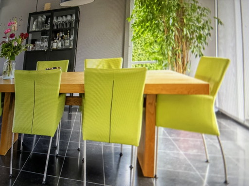 Oak dining table with 6 leather chairs