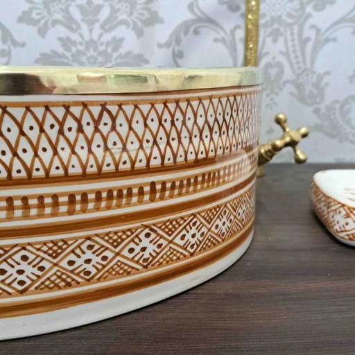 Moroccan washbasin with blue floral pattern and brass rim - countertop bathroom sink