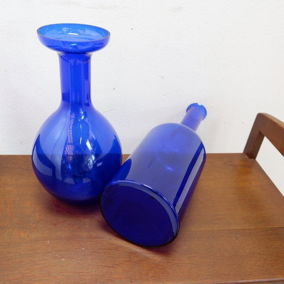 Image 1 of Pair of hand-blown cobalt blue glass vases or carafes, dating from the 1960s.