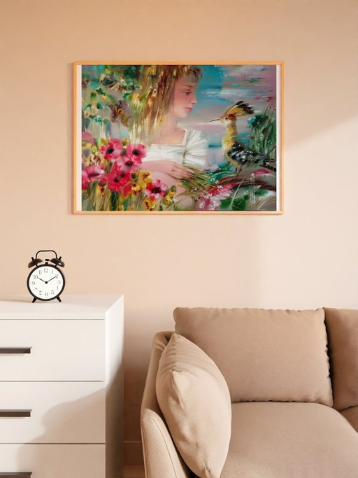Original Oil Painting Abstract Expressionism Figurative Girl Bird Summer Day – schilderijen tekeningen (photo 2 of 10)
