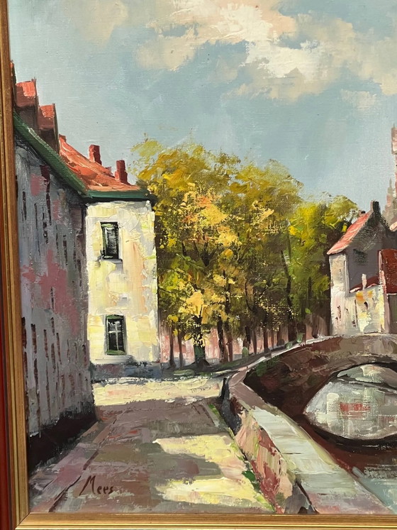 Landscape signed "View of Bruges." Oil on canvas. Signed Mees. – Paintings & Drawings, Vintage (photo 4 of 6)