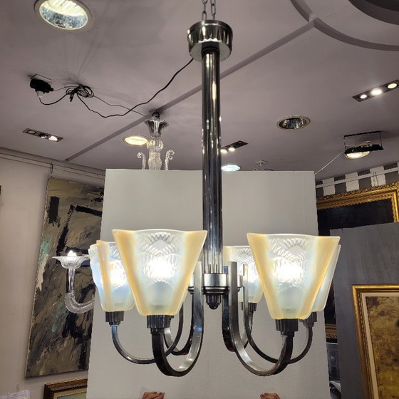 Image 1 of Deckenleuchte / Kronleuchter Atelier Petitot Paris, Glas und vernickeltes Metall, Art déco, 1930er Jahre – Frankreich