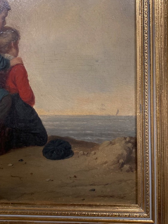 Image 1 of Peinture à l'huile ancienne sur panneau de bois représentant deux enfants