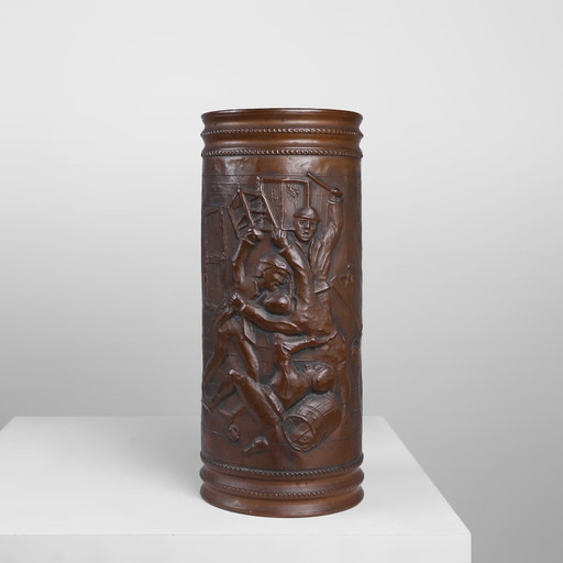 Copper Umbrella Stand With Hammered Relief Of A Medieval Café, France Ca. 1900