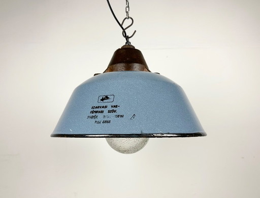Industrial Grey Enamel and Cast Iron Pendant Light with Glass Cover, 1960s