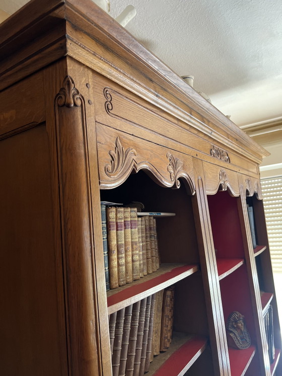 Image 1 of Antique vintage wooden bookcase with carved floral moldings
