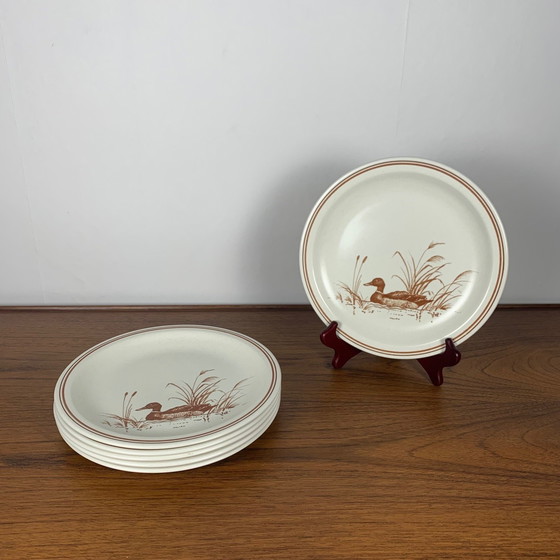 Image 1 of Vintage Churchill England 6 Flat Plate Set – Duck Pattern & Red/Brown Trim, 1980/90