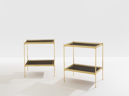 Maison Jansen pair of two-tier side tables brass black leather 1960s