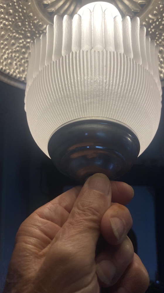 Antique Art Deco Holophane Style Pendant Lamp | Prismatic Pressed Glass Skirt Model (1920s/1930s) – Metal (photo 4 of 7)