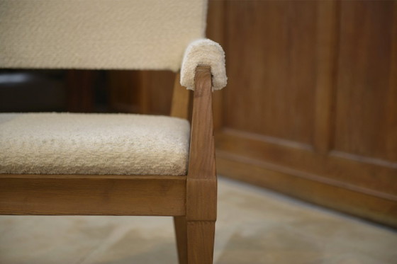 Image 1 of Modernistische Art Deco fauteuil in essen en ecru bouclé stof van Pierre Gouffé, jaren 40