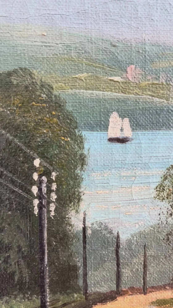 Image 1 of Peinture à l'huile originale vintage représentant un paysage côtier, signée. Art marin.