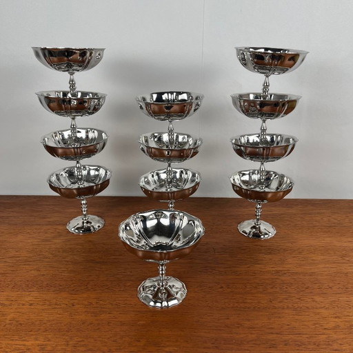Set of 12 stainless steel ice cream cups, flower pattern, high foot