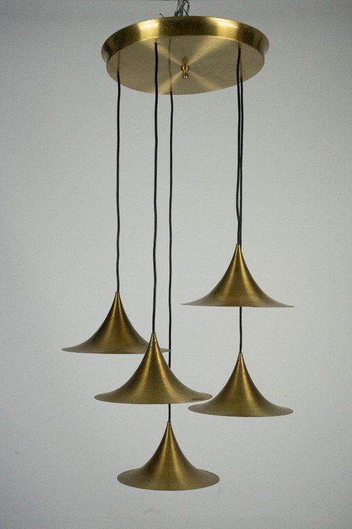Fog & Morup, Midcentury Brass Pendant with Five Pendant Drops. Danmark, 1960s