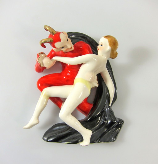 Sammlerstück: „Satyr und Nymphe“, Porzellan-Wandskulptur im Art-déco-Stil aus den 1930er Jahren.